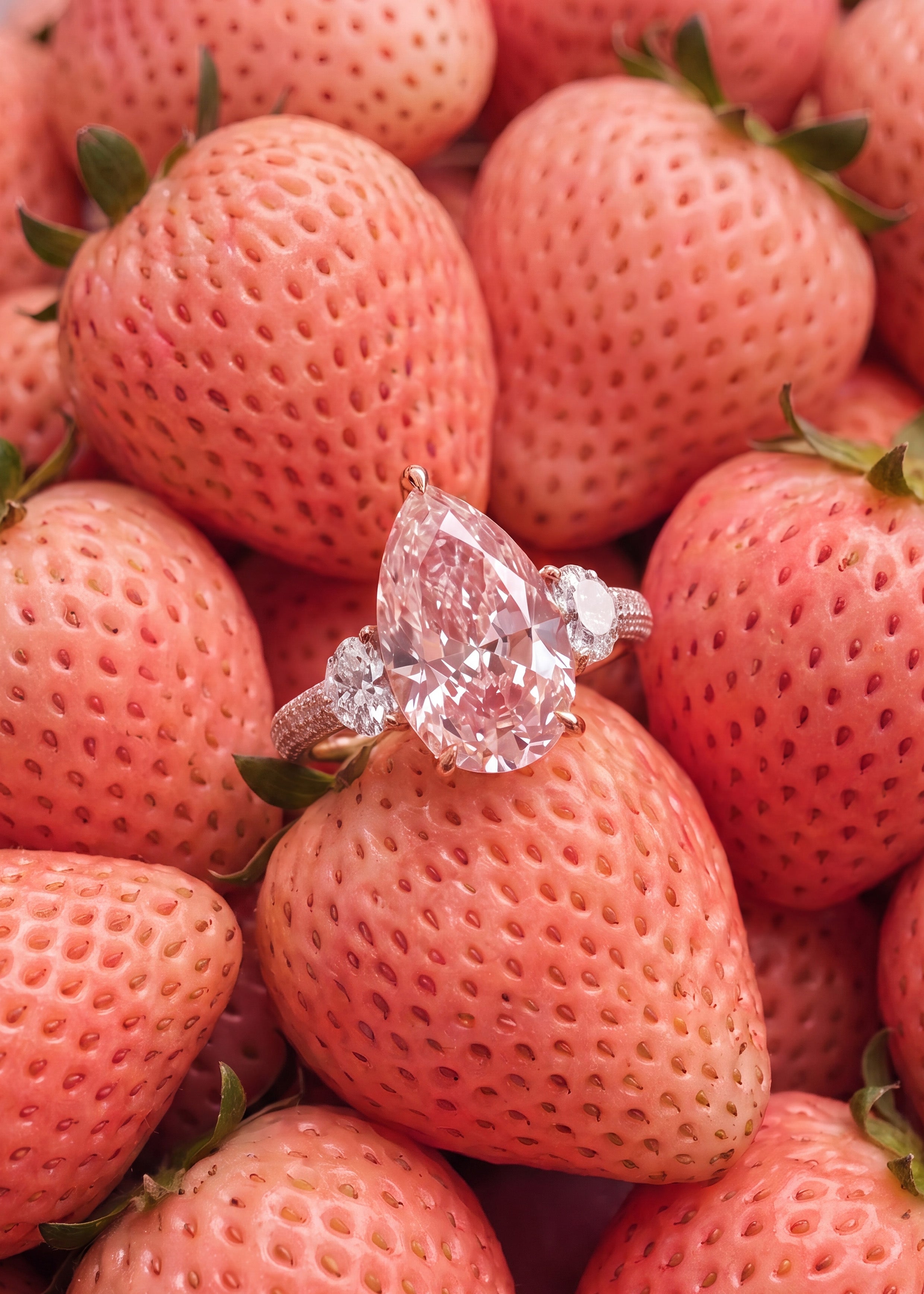 A pear-cut diamond ring with round diamonds on a silver band, resting on top of a pile of fresh pinkish-red strawberries.