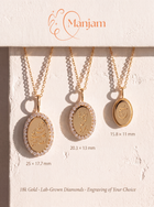 Three gold oval pendant necklaces with engraved Arabic calligraphy and diamond accents are displayed on a textured cream background under the Manjam brand logo. Text shows sizes 25 x 17.