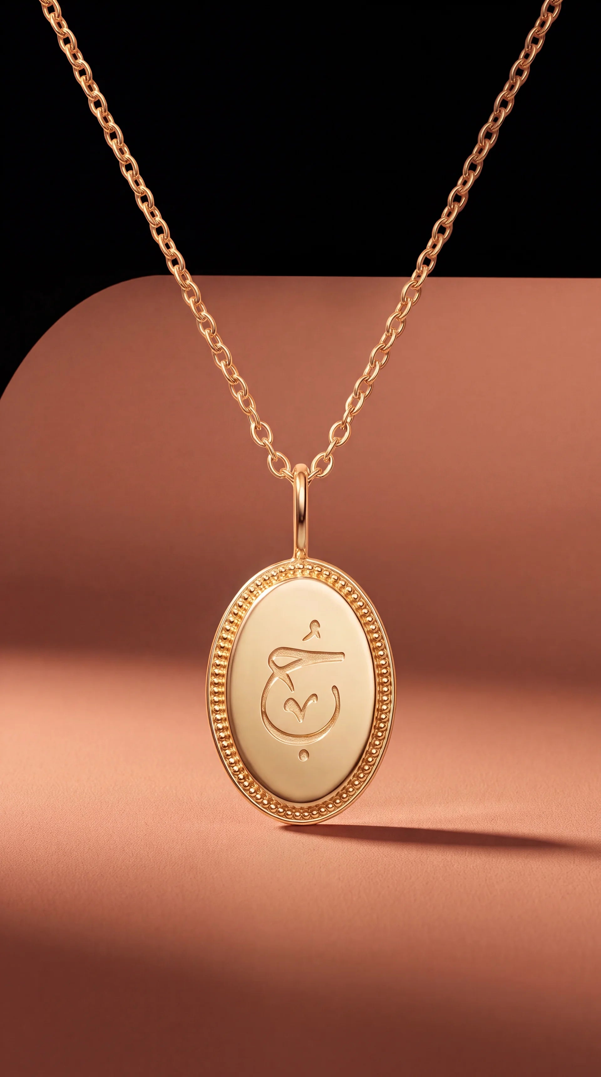 A gold oval pendant necklace with an engraved symbol, displayed on a warm peach-colored curved surface against a dark background.