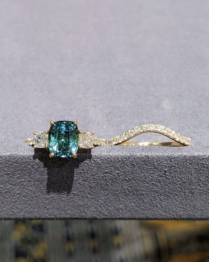 Green Cushion Sapphire Ring Set