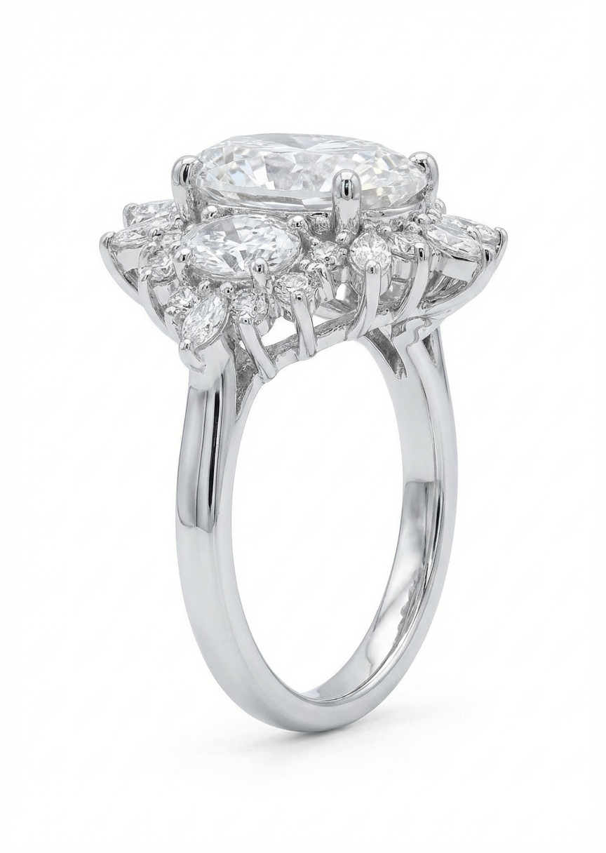 Diamond ring with pear-shaped and round diamonds on a white background