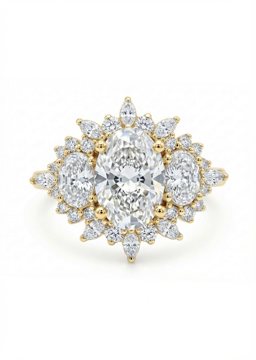 Gold and diamond ring on a white background