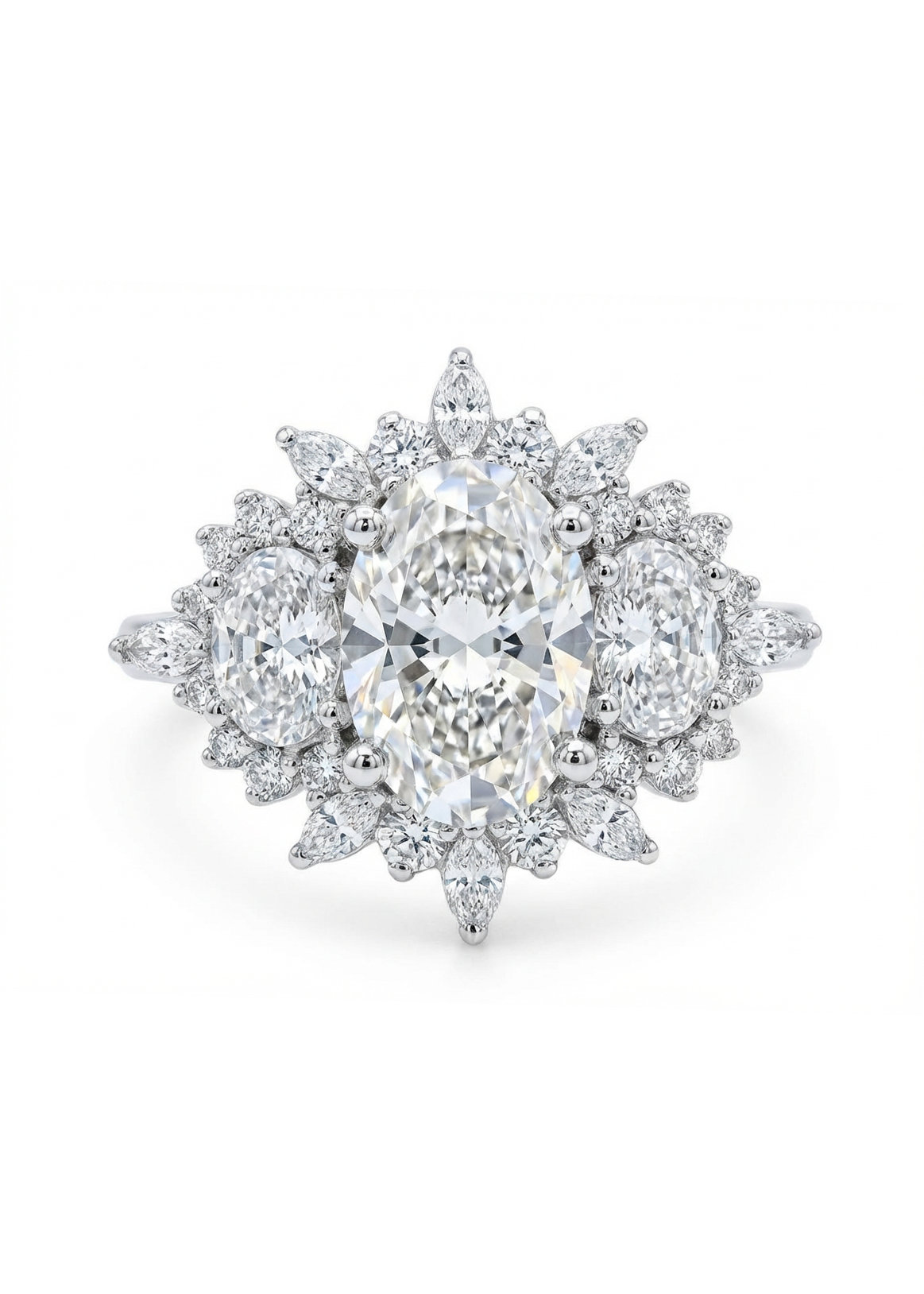 Diamond earring with a central pear-shaped diamond and smaller diamonds on a white background