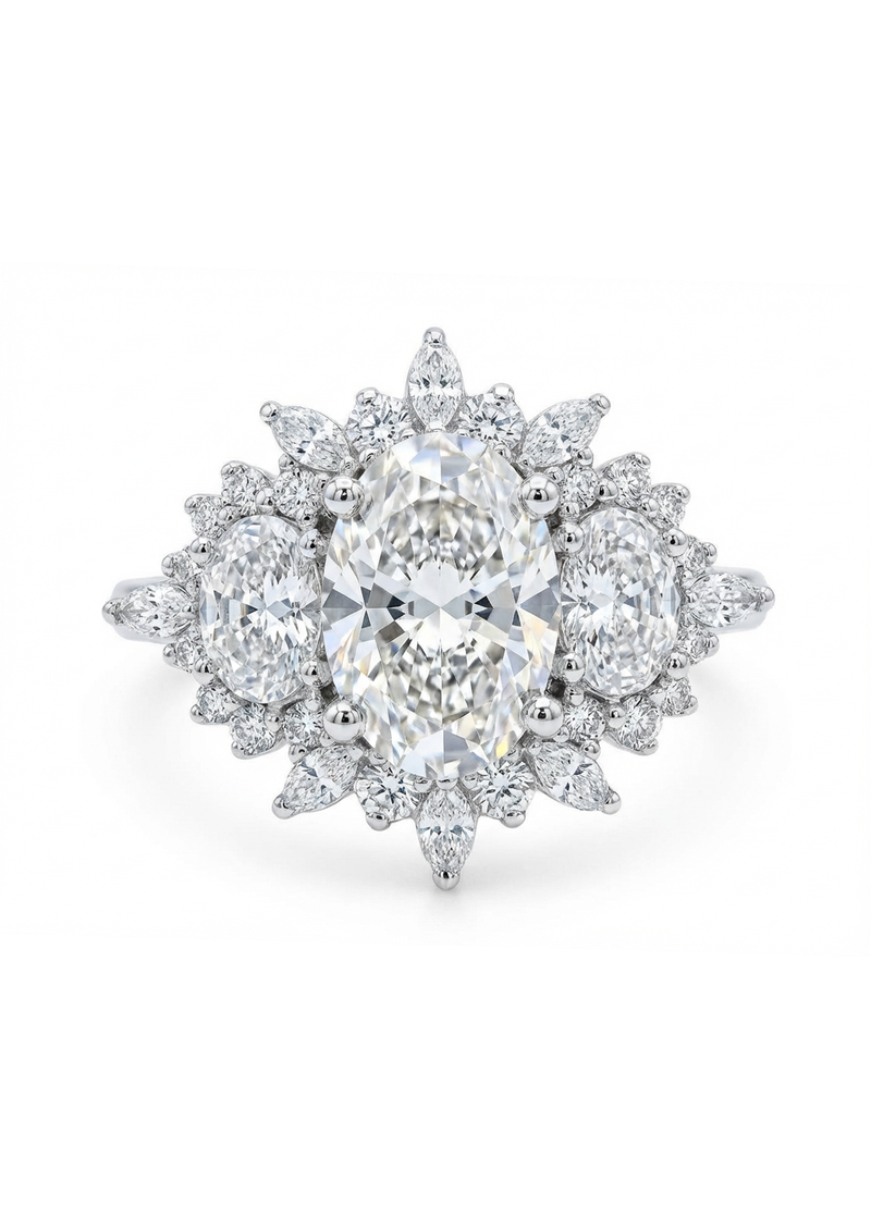Diamond earring with a central pear-shaped diamond and smaller diamonds on a white background
