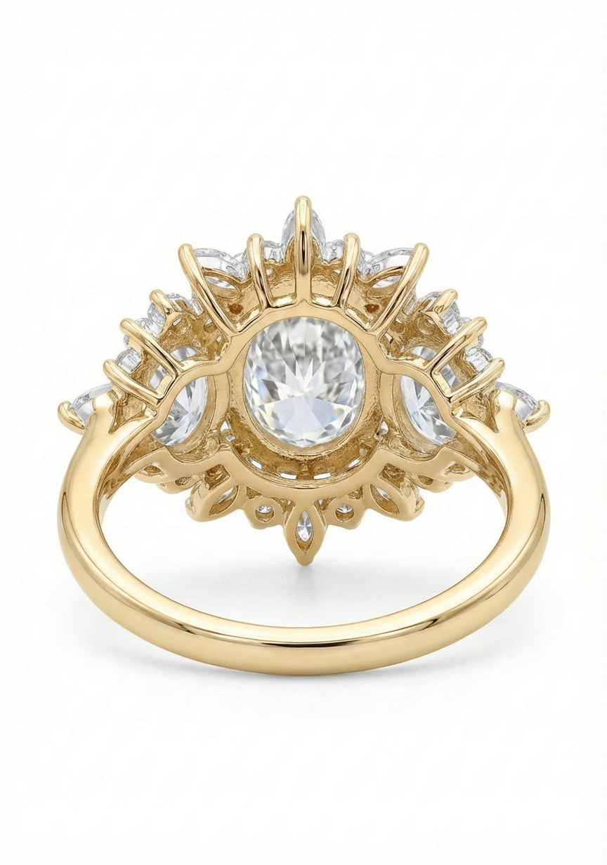 Back view of oval diamond ring in yellow gold 