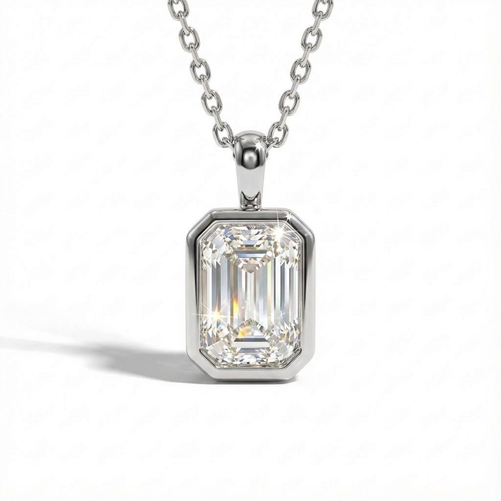 Emerald cut diamond pendant necklace on a white background