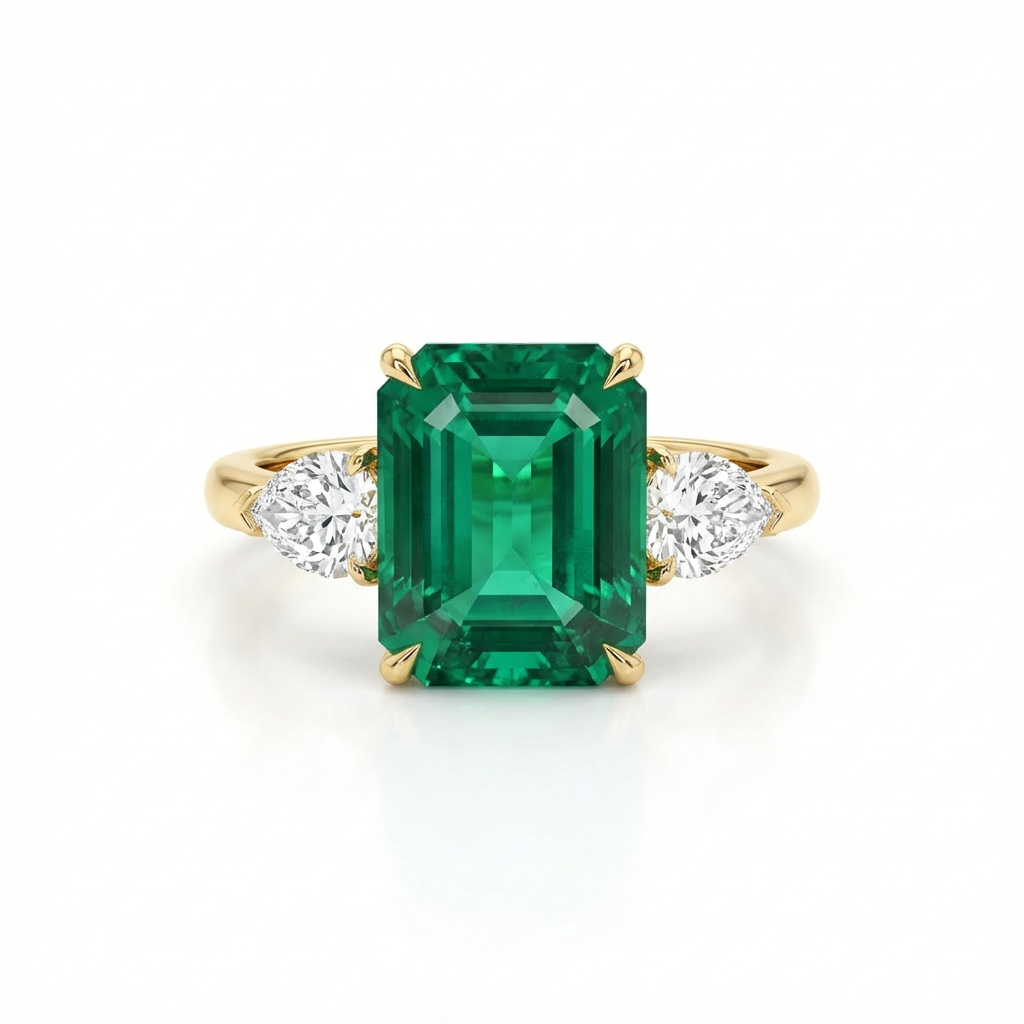 Gold ring with a green emerald and two diamonds on a white background