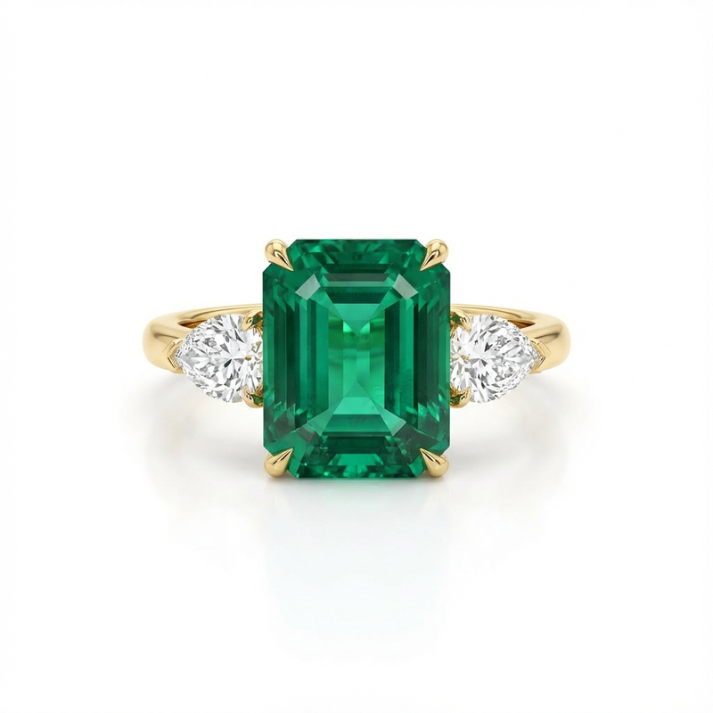 Gold ring with a green emerald and two diamonds on a white background