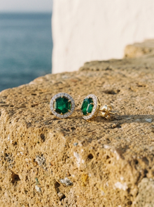 Emerald Hexagon Earrings | Lab-Grown Colombian Emerald & Detachable Diamond Halo | 18K Gold | Manjam Jewellery