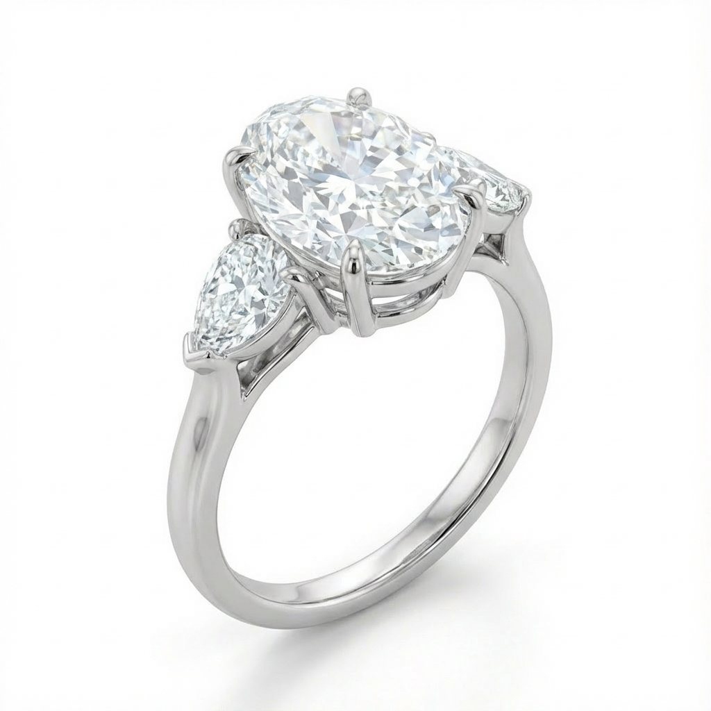 Diamond ring with an oval center stone and two smaller stones on a white background