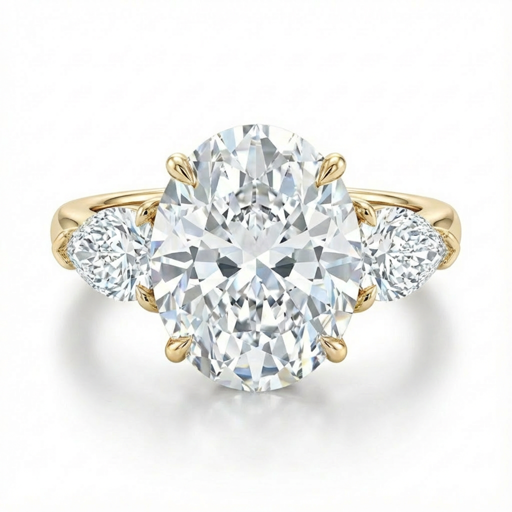 Gold ring with a large diamond and smaller diamonds on the sides against a white background