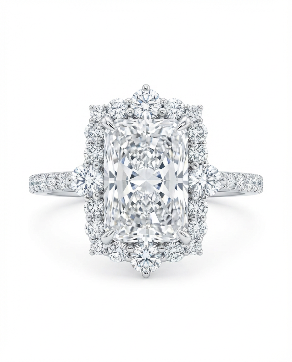 Diamond ring in white gold with a central radiant cut diamond with a diamond halo against a white background