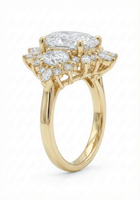 side view of Oval Diamond Ring with Diamond Halo on a white background 