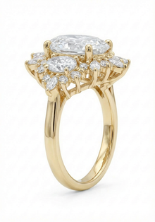 side view of Oval Diamond Ring with Diamond Halo on a white background 