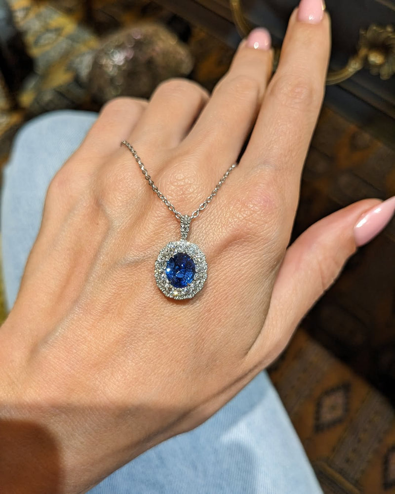 Oval Sapphire Halo Necklace