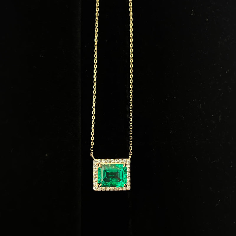 Emerald Diamond Halo Necklace