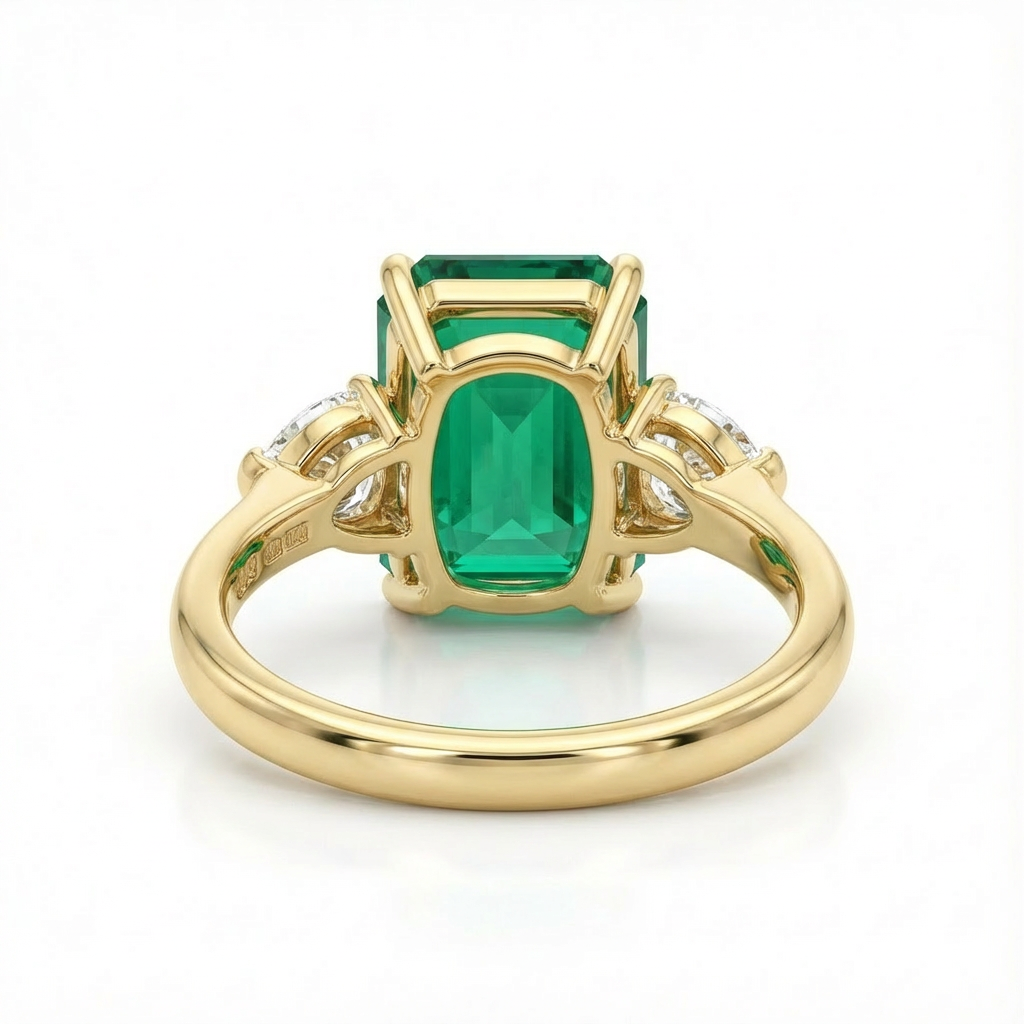 Gold ring with a green gemstone on a white background