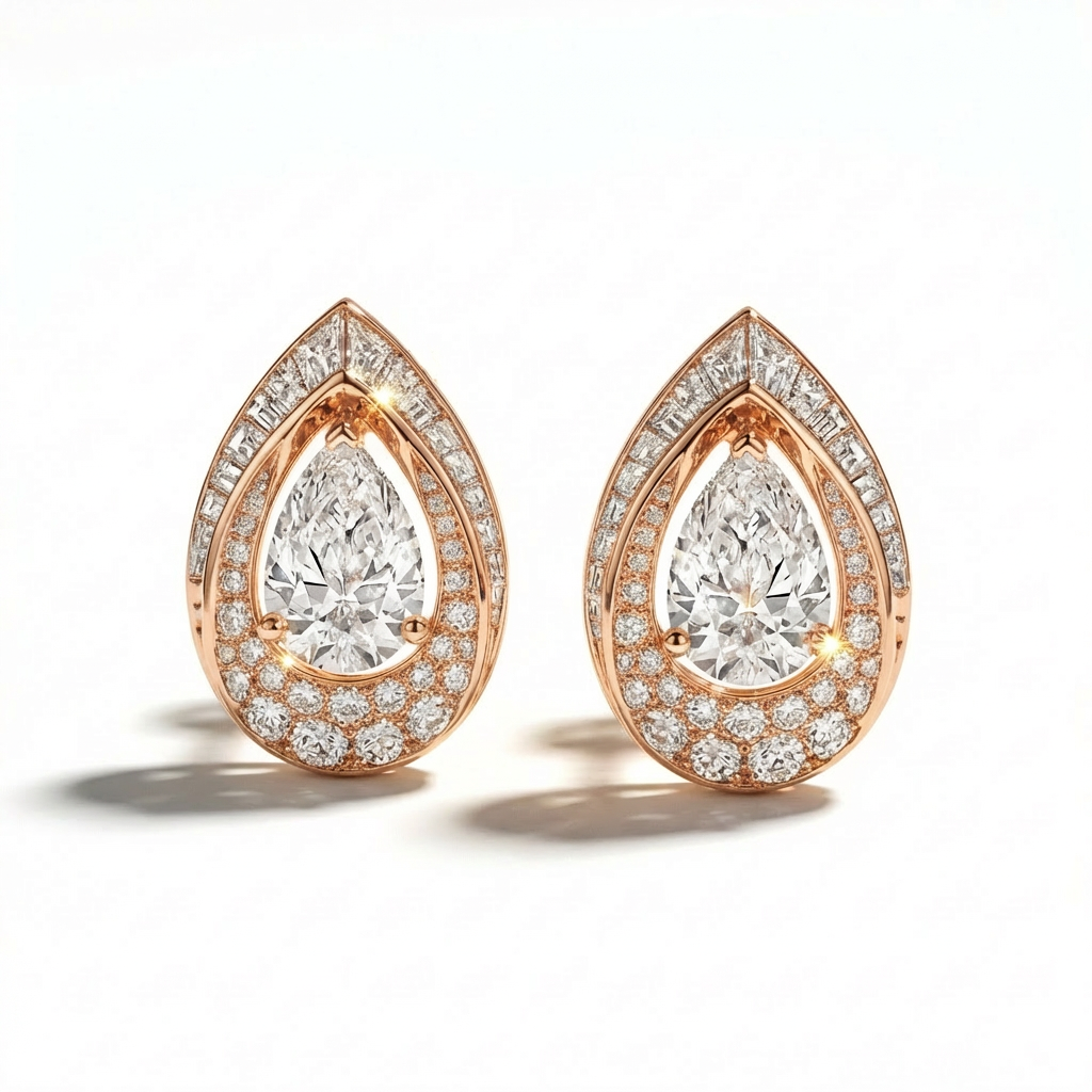 Rose gold teardrop earrings with clear gemstones on a white background