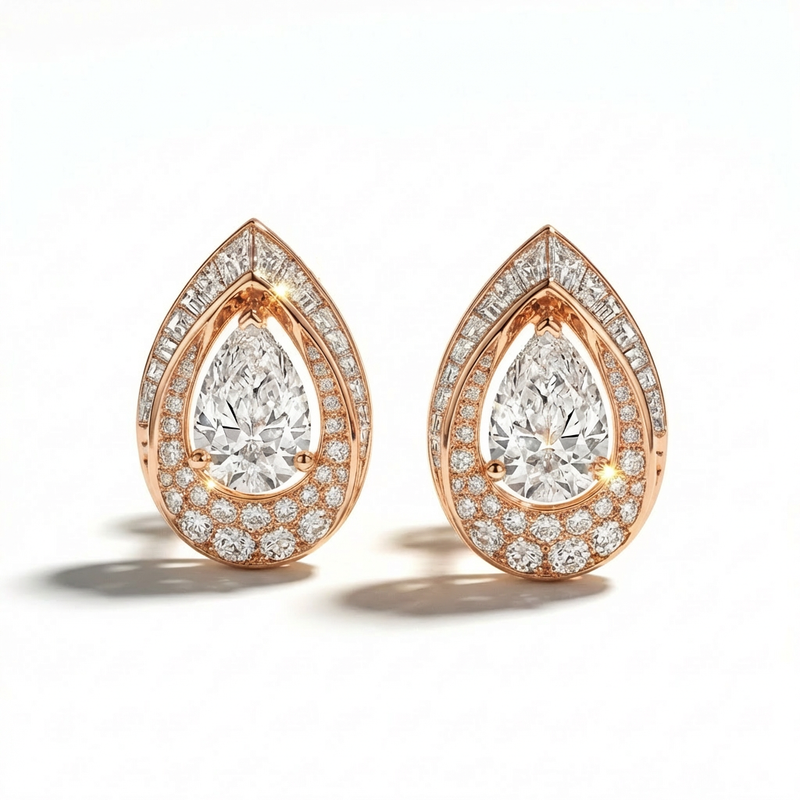 Rose gold teardrop earrings with clear gemstones on a white background