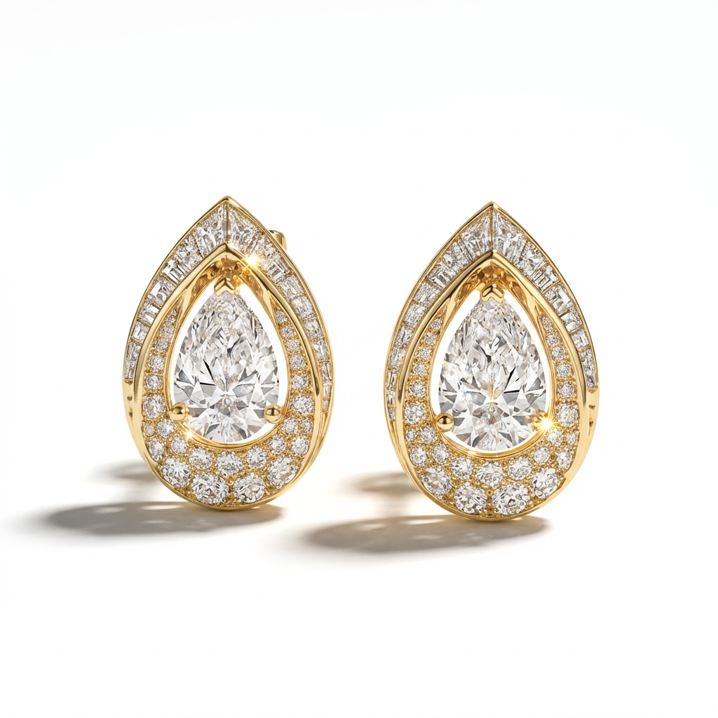 Gold teardrop earrings with clear gemstones on a white background
