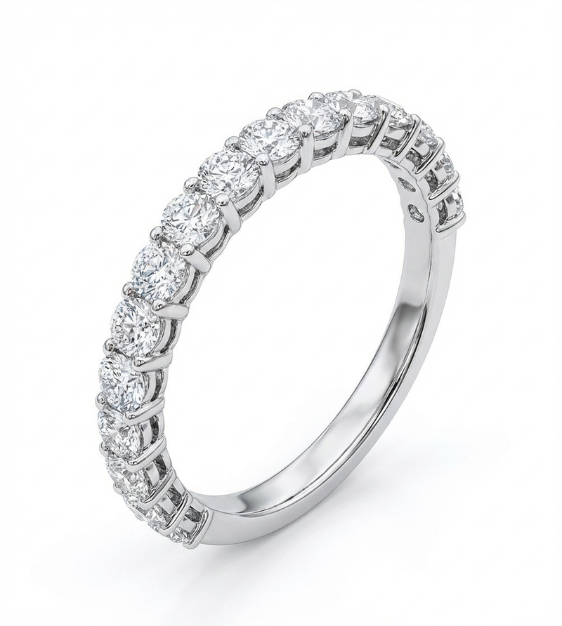 Diamond wedding band with a white background