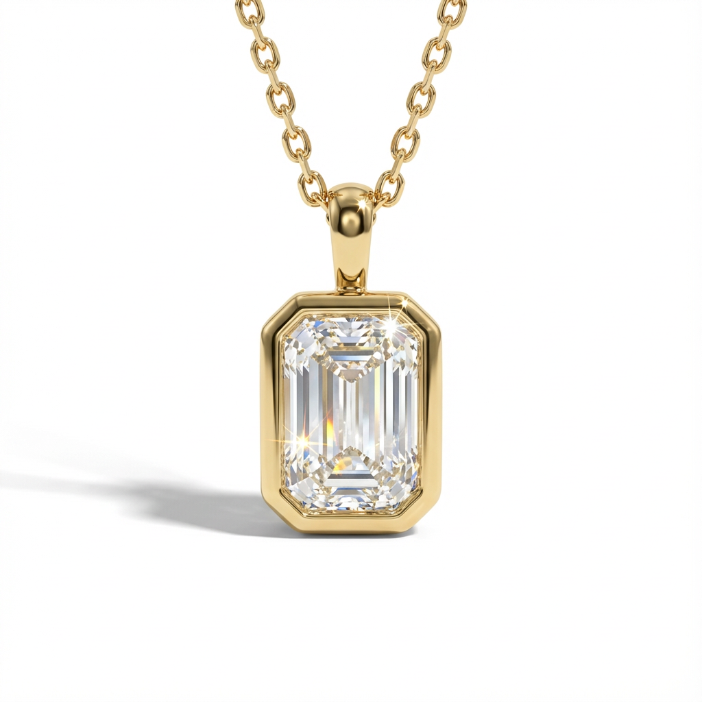 Gold necklace with a diamond pendant on a white background