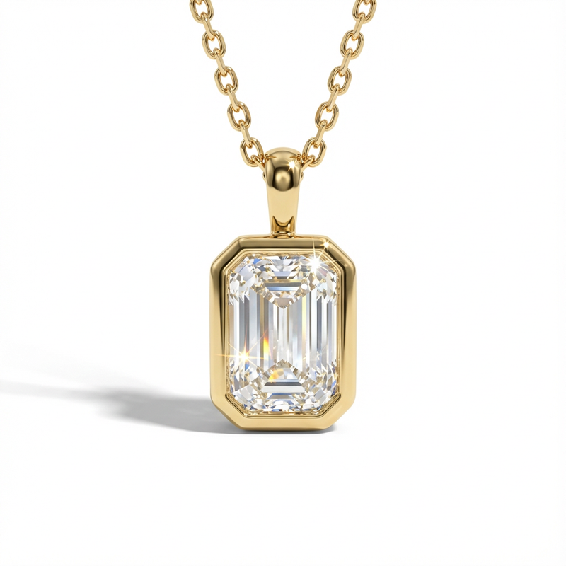 Gold necklace with a diamond pendant on a white background