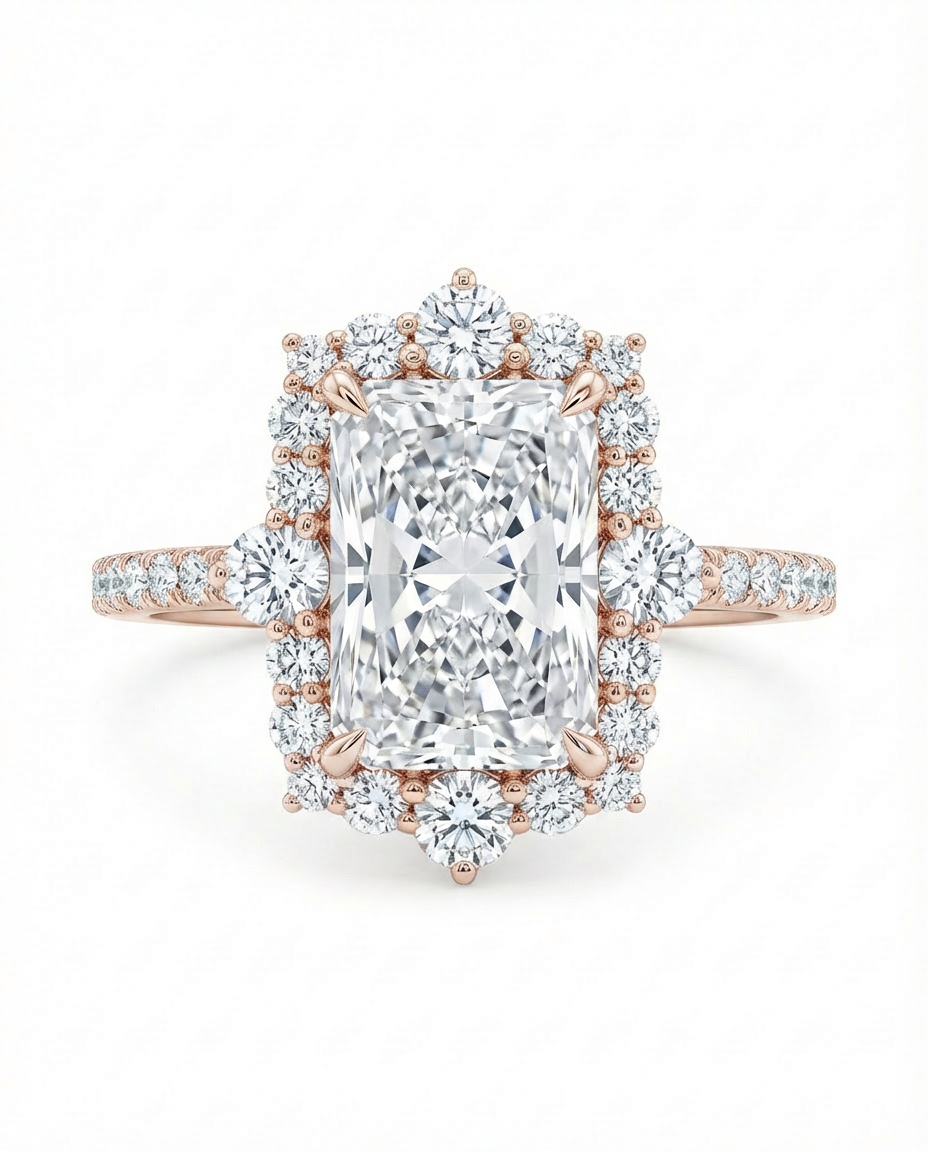 Rose gold diamond ring with a large central radiant cut diamond with a diamond halo 