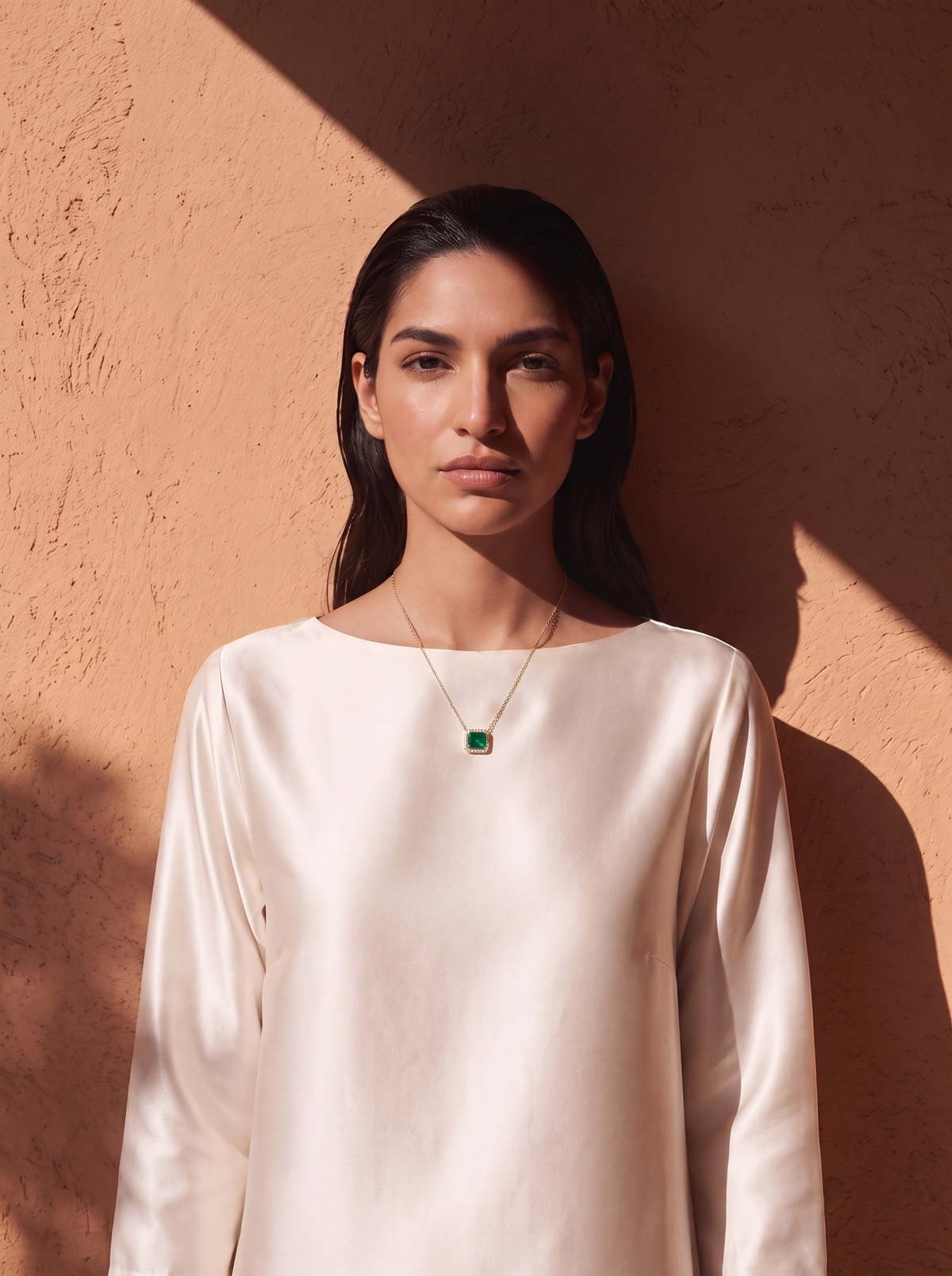 Emerald & Diamond Halo Necklace | 3ct Lab-Grown Hydrothermal Emerald | 18K Gold | Manjam Jewellery