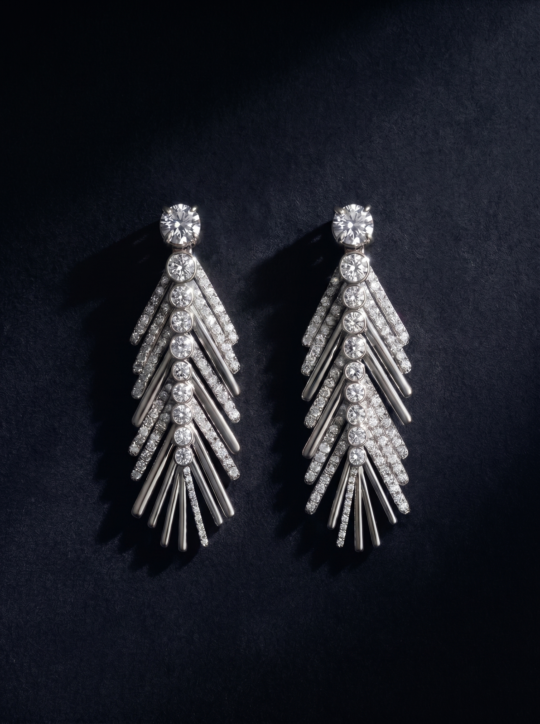 Pair of white gold palm leaf earrings with a diamond on a black background