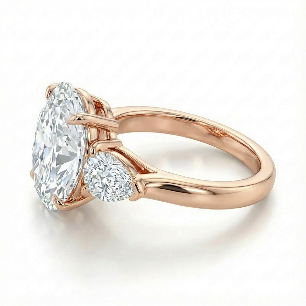 Rose gold ring with a large diamond and smaller gemstone on a white background