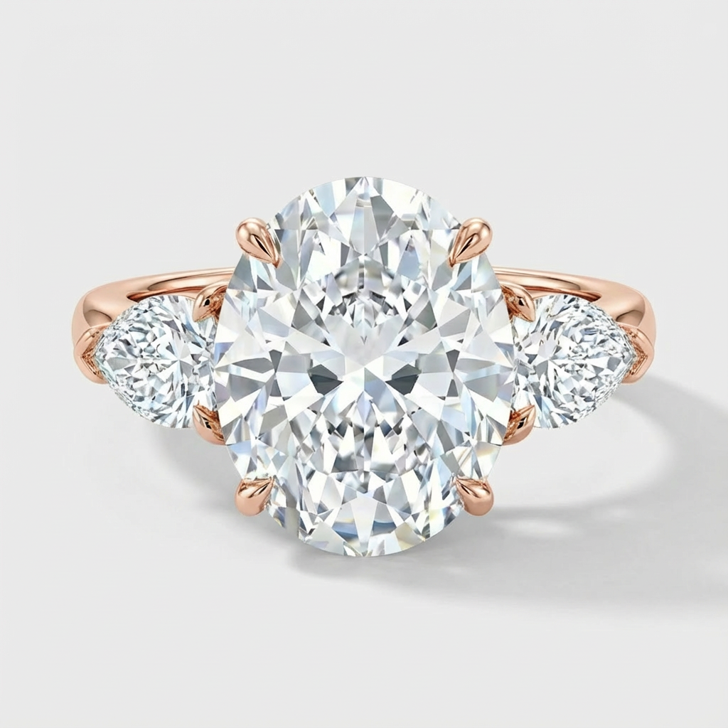 Rose gold ring with a large diamond and smaller diamonds on the sides against a light gray background
