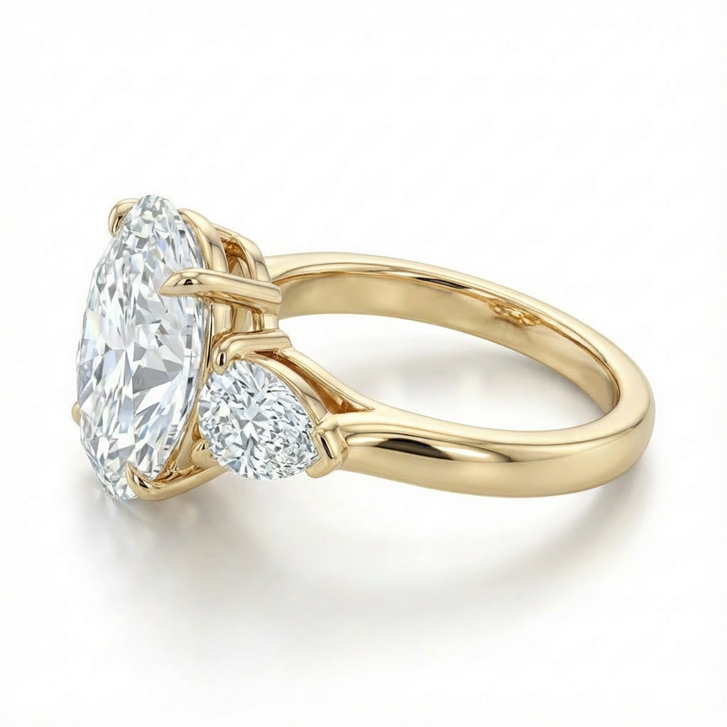 Gold ring with a large diamond and smaller gemstone on a white background