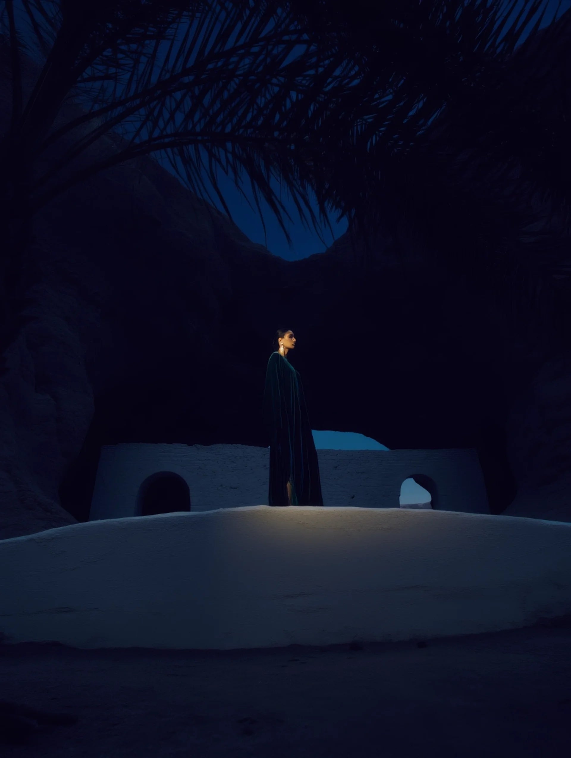 Person in a dark cloak standing in a desert landscape at night