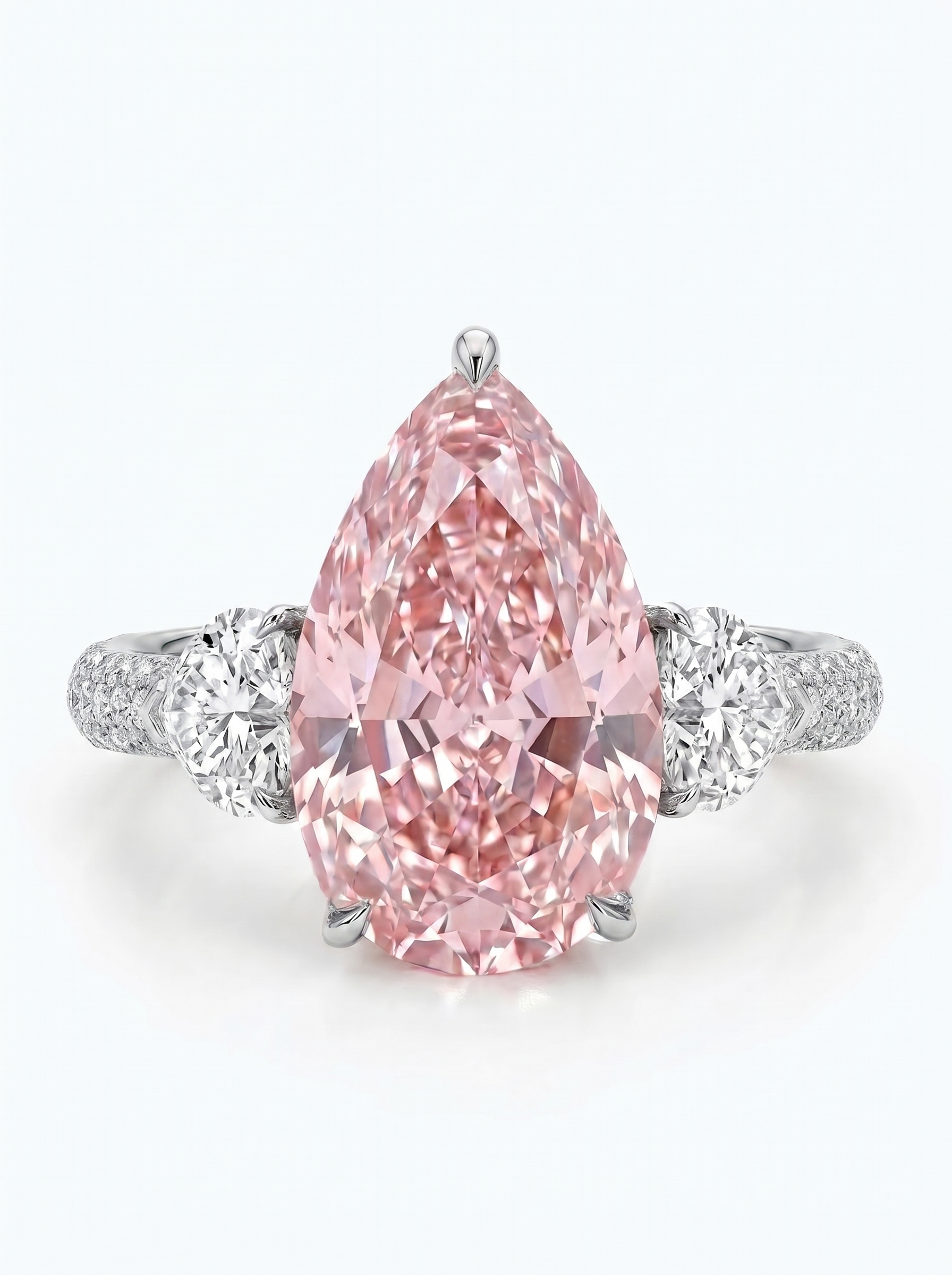 A pear-cut pink diamond ring with a silver-toned band accented by two round diamonds, set against a clean white background.