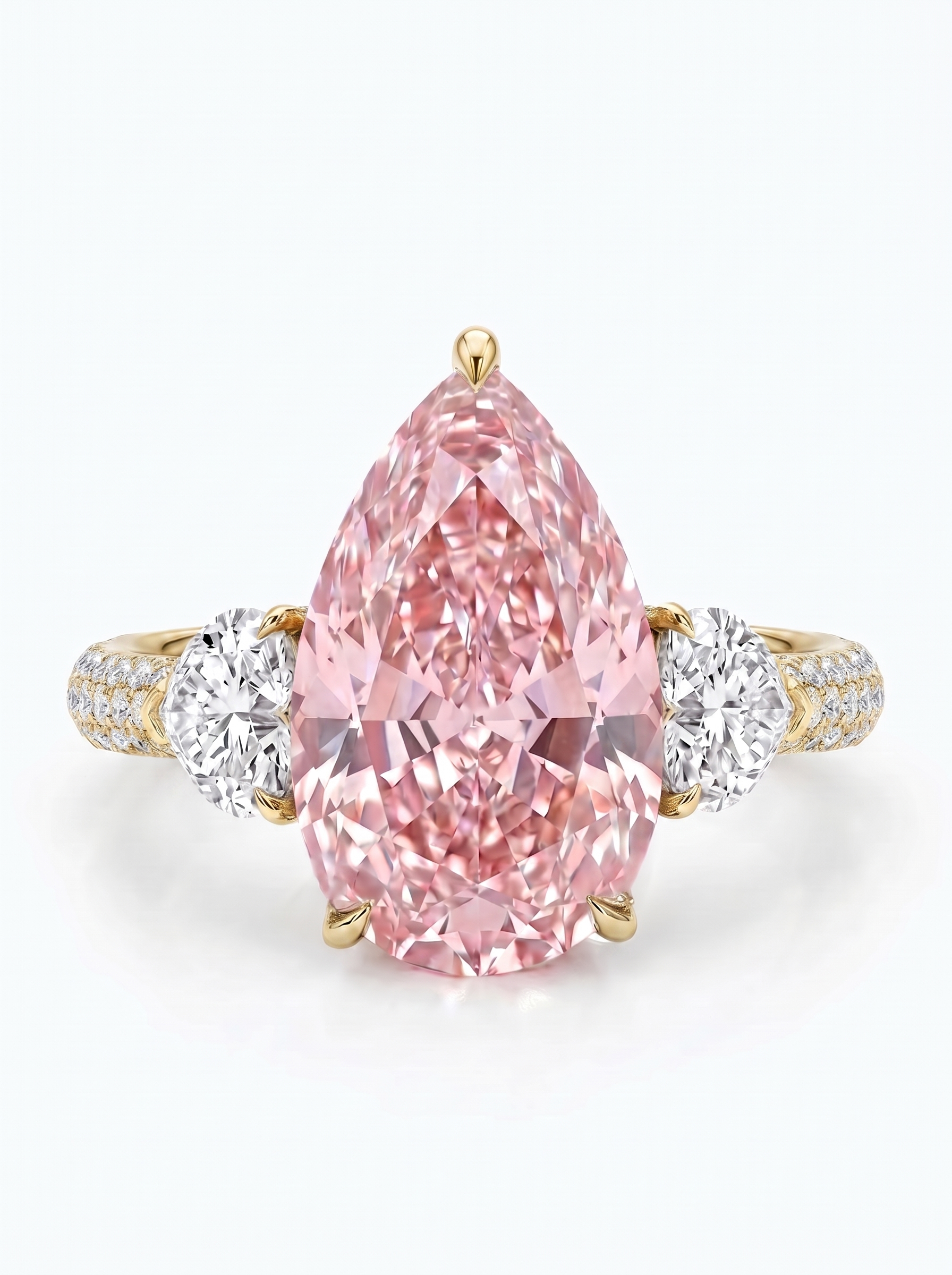 A pear-cut pink diamond ring set in yellow gold with two round diamonds on the band, photographed on a clean white background.