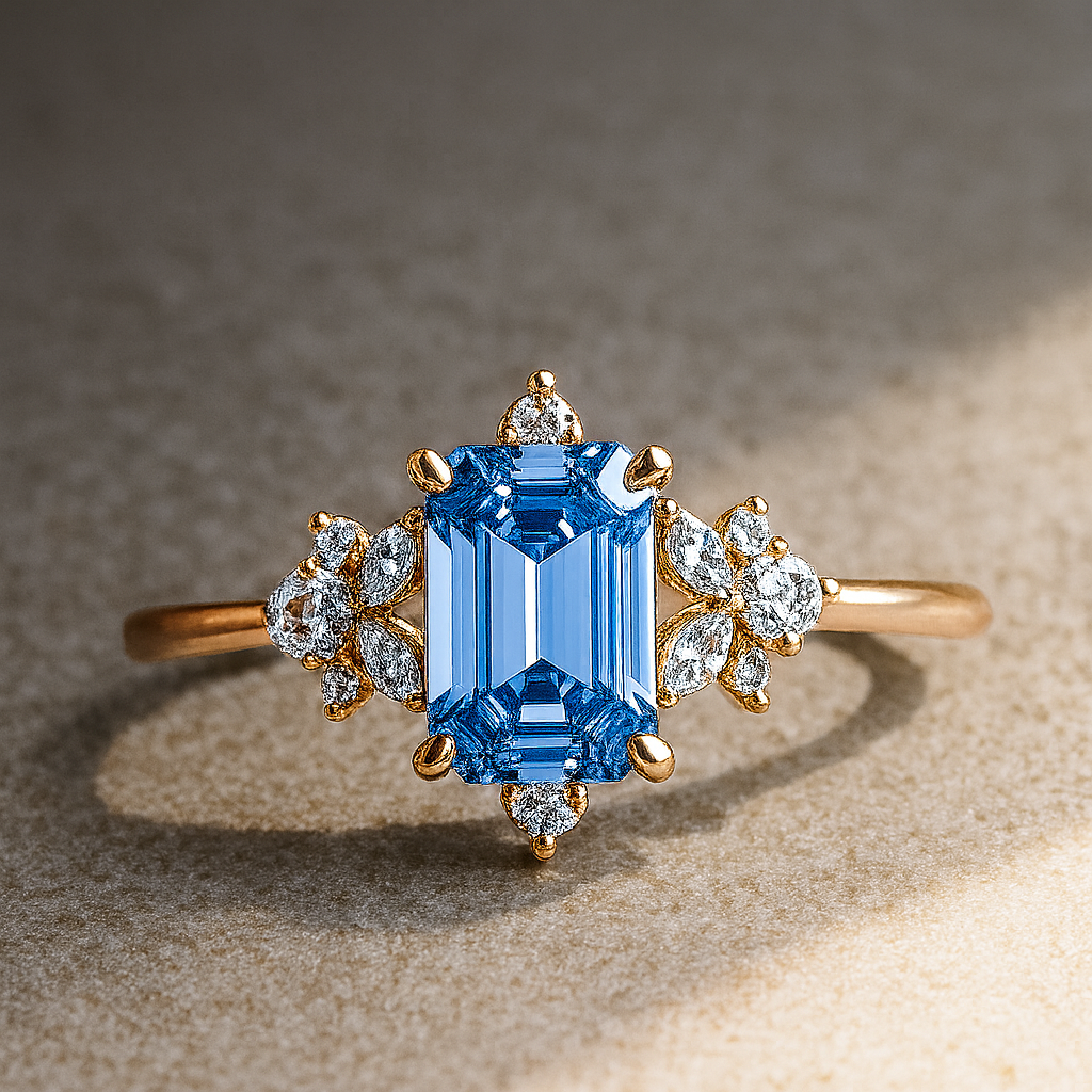 Gold ring with a blue gemstone and diamond accents on a textured surface