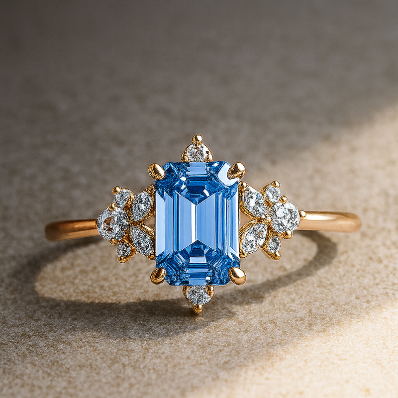 Gold ring with a blue gemstone and diamond accents on a textured surface