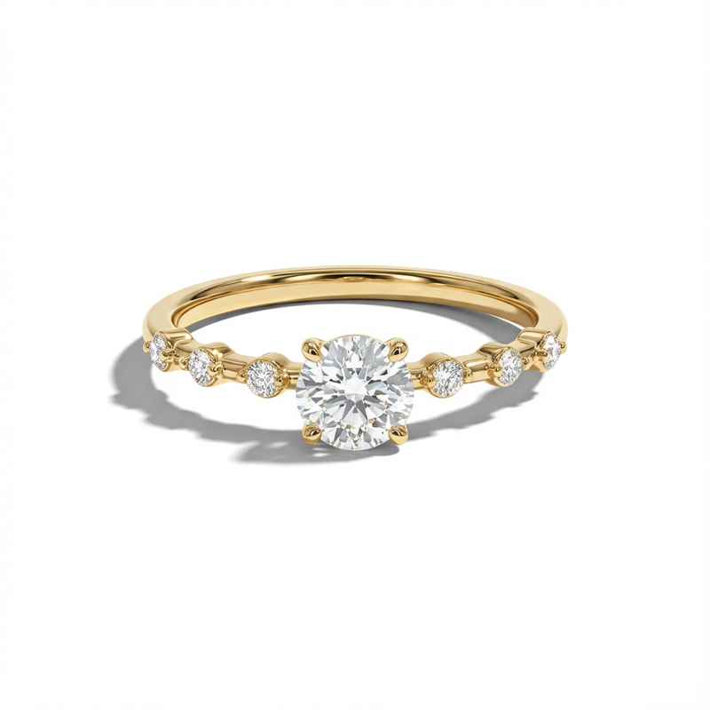 Gold ring with a diamond on a white background