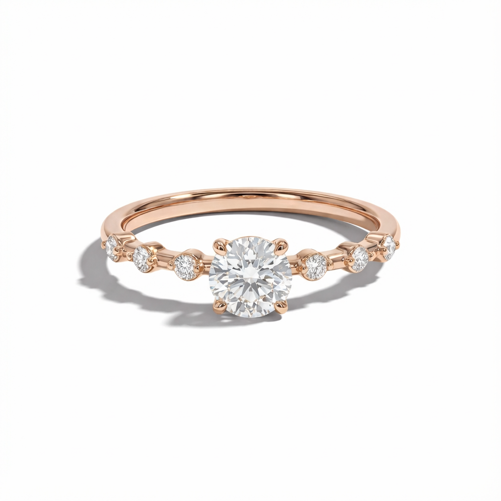 Rose gold ring with a diamond on a white background