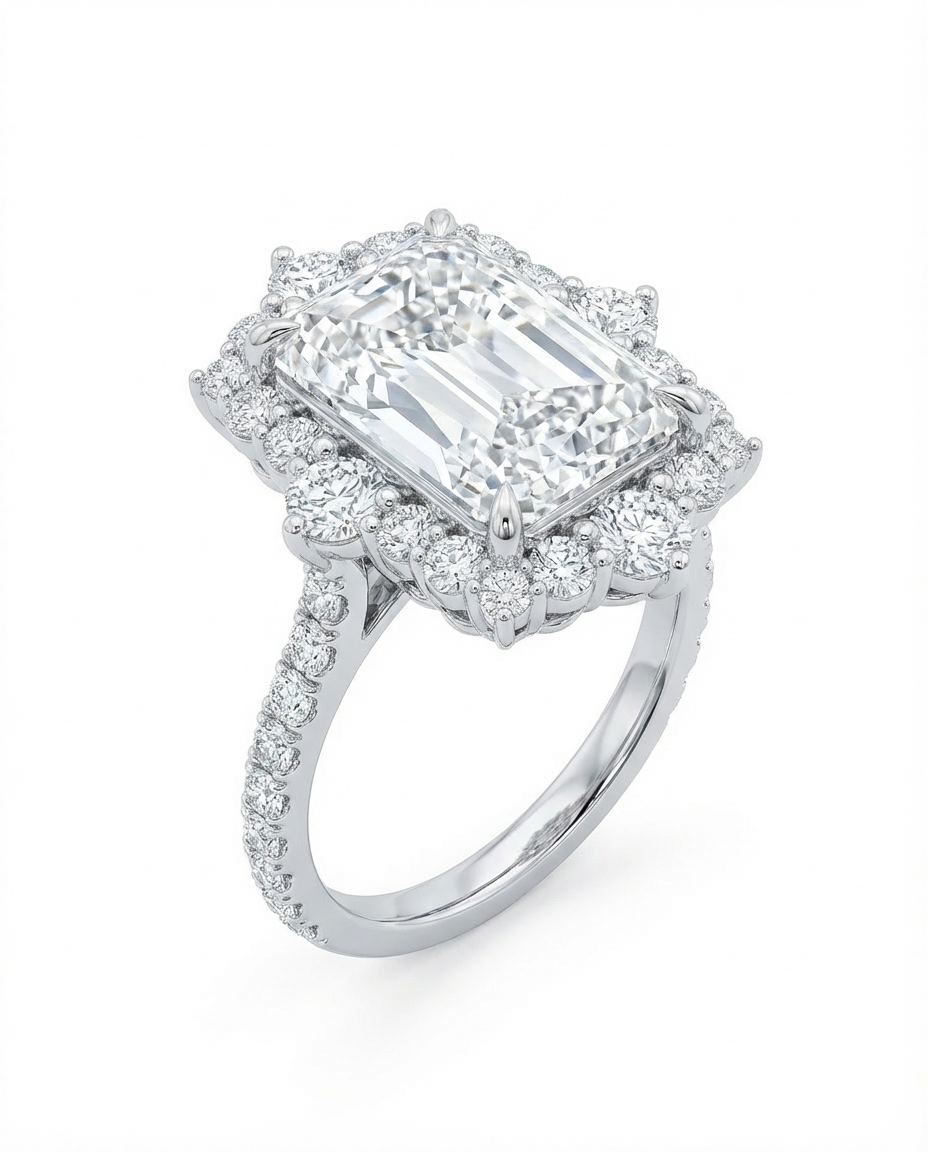 Diamond ring with a prominent radient-cut center stone on a white background