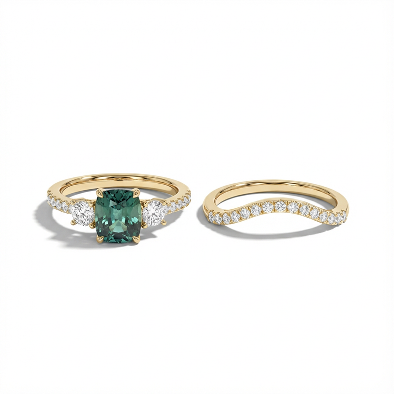 Green Cushion Sapphire Ring Set