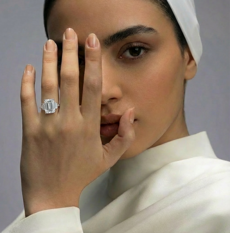 Woman wearing a large diamond ring on a plain background