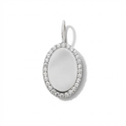 Silver pendant with a white stone and diamond accents on a white background