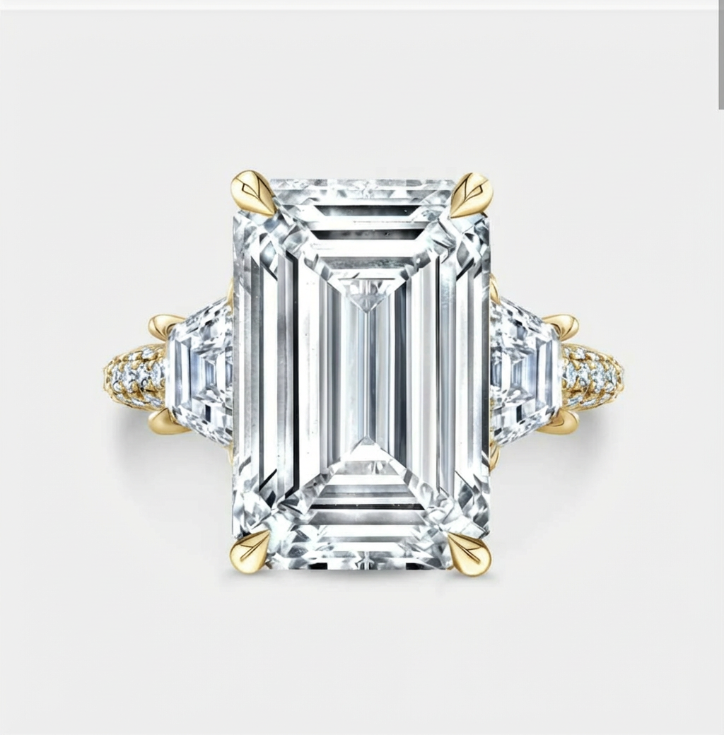 Emerald Cut Diamond Sparkling Three Stone Ring