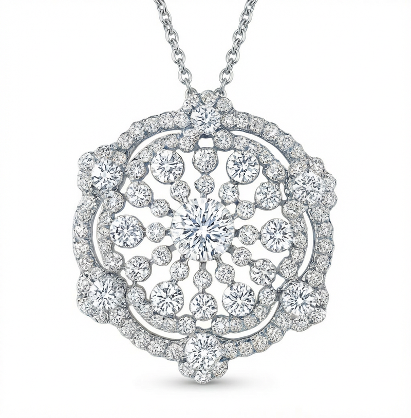Diamond necklace with a intricate design on a white background