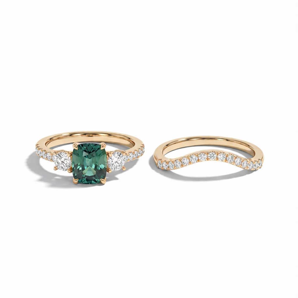 Green Cushion Sapphire Ring Set
