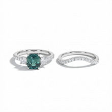 Green Cushion Sapphire Ring Set