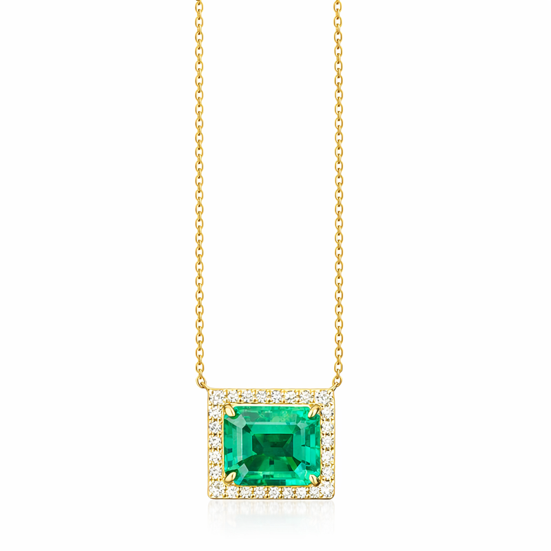 Emerald & Diamond Halo Necklace in 18k Gold | Manjam Bahrain