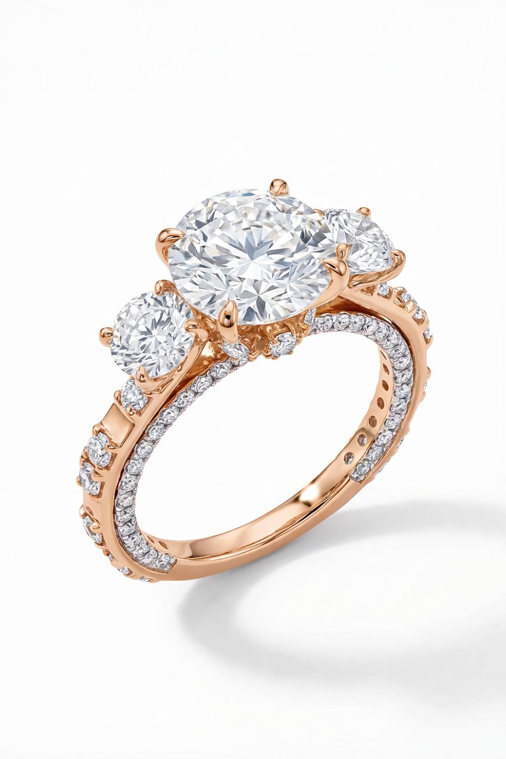 Rose gold ring with a large diamond and smaller diamonds on a white background